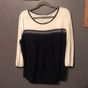 Boden navy/cream knit/woven top - size 14